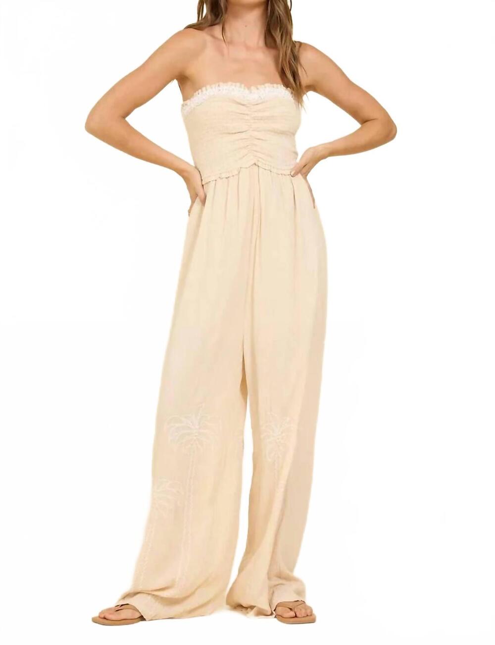 NEW SURF GYPSY smocked wide-leg jumpsuit in sand with ivory